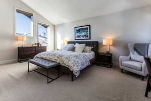 Carpeted bedroom with lofted ceiling