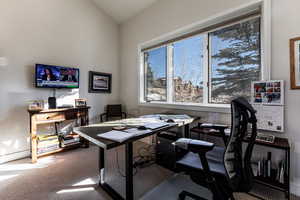 Carpeted office space with lofted ceiling