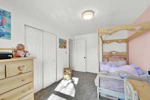 Carpeted bedroom featuring a closet