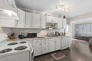 Kitchen with dark hardwood / wood-style flooring, sink, white cabinetry, white appliances, and a textured ceiling ADU