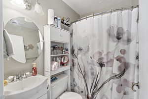 Bathroom featuring a shower with shower curtain, toilet, a textured ceiling, and vanity