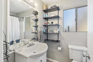 Bathroom featuring curtained shower, toilet, and vanity ADU