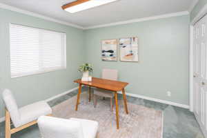 Office/bedroom space featuring carpet and ornamental molding