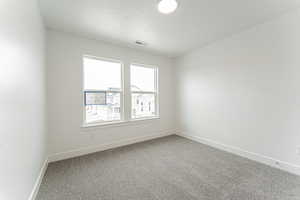 Unfurnished room with baseboards, visible vents, a textured ceiling, and carpet flooring