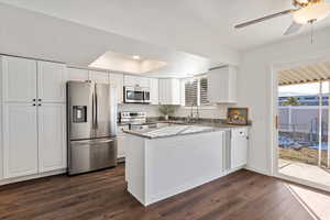 Kitchen with stainless steel appliances, white cabinetry, kitchen peninsula, and dark hardwood / wood-style flooring