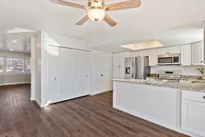 Kitchen with ceiling fan, dark hardwood / wood-style flooring, appliances with stainless steel finishes, white cabinets, and light stone countertops