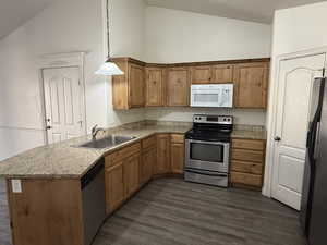 Kitchen with appliances with stainless steel finishes, hanging light fixtures, sink, dark wood-type flooring, and lofted ceiling