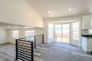 Interior space featuring white cabinetry, light hardwood / wood-style flooring, plenty of natural light, and a textured ceiling