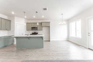 Kitchen with gray cabinetry, visible vents, stainless steel appliances, and decorative backsplash