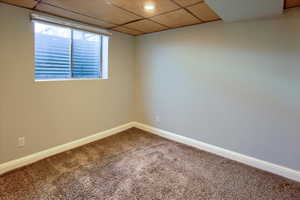 Spare room featuring a drop ceiling and carpet floors