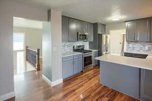 Kitchen with stainless steel appliances, dark hardwood / wood-style flooring, and decorative backsplash