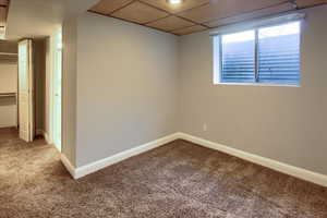 Basement with a drop ceiling and carpet flooring