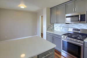 Kitchen with decorative backsplash, dark hardwood / wood-style flooring, gray cabinetry, and stainless steel appliances