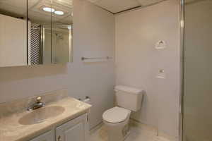 Bathroom featuring walk in shower, a paneled ceiling, toilet, and vanity