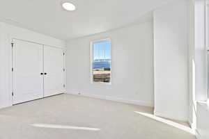 Unfurnished bedroom featuring light carpet and a closet