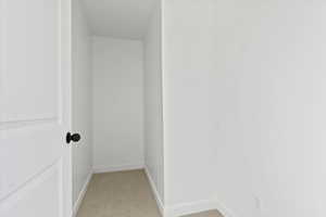 Walk in closet featuring light colored carpet