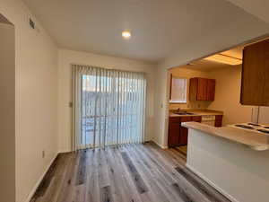 Kitchen with light hardwood / wood-style floors, sink, and dishwasher