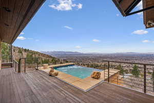 View of swimming pool with a deck with mountain view