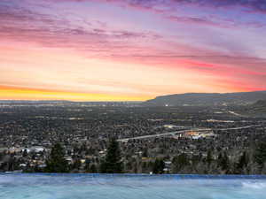 Aerial view at dusk with a mountain view