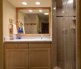 Bathroom featuring a shower with door and vanity