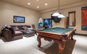 Rec room featuring carpet floors and billiards