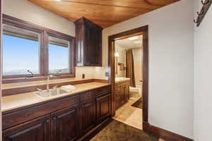 Interior space with sink and wood ceiling