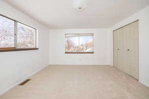 Unfurnished bedroom featuring light carpet and a closet