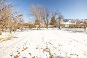 Yard covered in snow with a mountain view