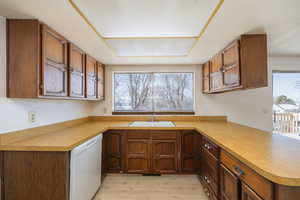 Kitchen featuring sink, light hardwood / wood-style flooring, kitchen peninsula, and dishwasher