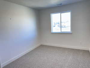 Carpeted spare room featuring a textured ceiling