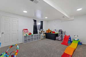 Rec room with carpet flooring