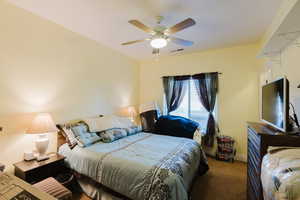 Carpeted bedroom with ceiling fan