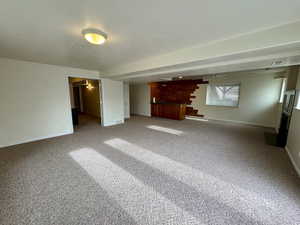 Unfurnished living room featuring carpet and a textured ceiling