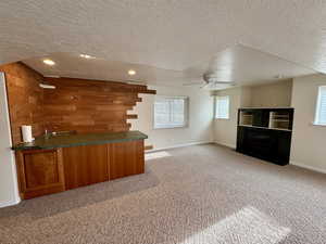 Bar with sink, wood walls, a textured ceiling, and carpet flooring