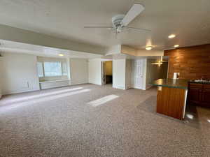 Living room featuring carpet floors, a textured ceiling, ceiling fan, and wooden walls