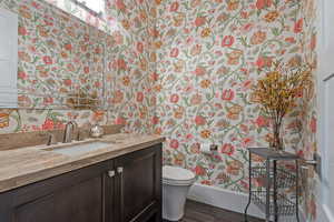 Bathroom featuring hardwood / wood-style floors, toilet, and vanity