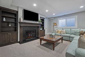 Living room with built in shelves