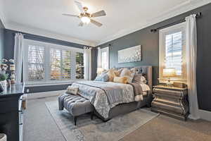 Carpeted bedroom with crown molding, multiple windows, and ceiling fan