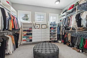 Spacious closet with light colored carpet