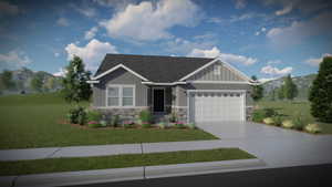 Craftsman-style home featuring a garage, a mountain view, and a front yard