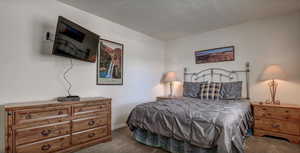 Carpeted bedroom with a textured ceiling