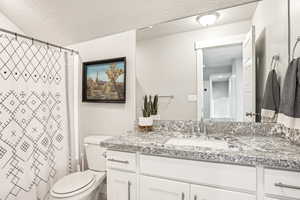 Bathroom featuring toilet, a textured ceiling, walk in shower, and vanity