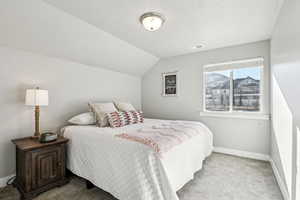 Bedroom with light colored carpet and lofted ceiling