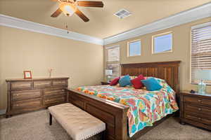 Carpeted bedroom with multiple windows, ceiling fan, and ornamental molding