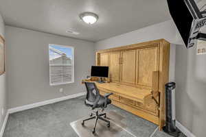 Carpeted home office with a textured ceiling