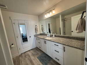 Bathroom with vanity, hardwood / wood-style floors, and a textured ceiling