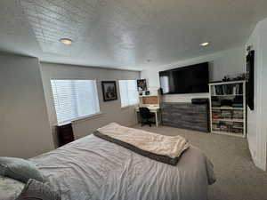 Carpeted bedroom with a textured ceiling