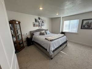 Bedroom featuring a textured ceiling and light carpet