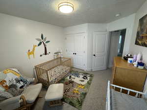 Carpeted bedroom with a closet, a nursery area, and a textured ceiling