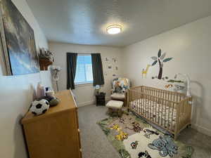 Bedroom featuring a textured ceiling, a nursery area, and carpet flooring